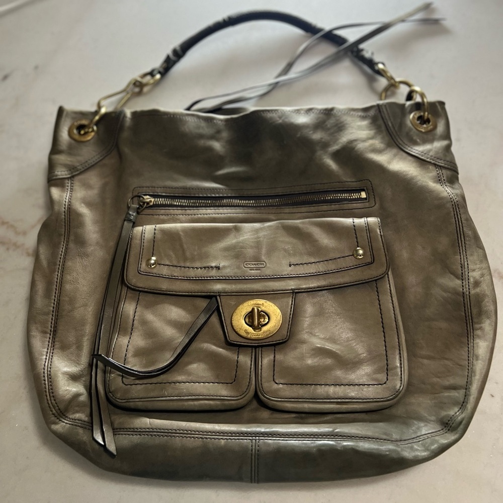 Vintage Y2K Coach Gray Leather Hampton Hobo/Satchel Bag Gold Hardware Turn lock